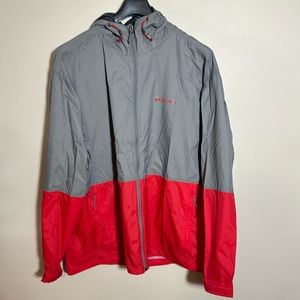 Men’s Columbia wind jacket. Red and gray with hood and zippered front.
